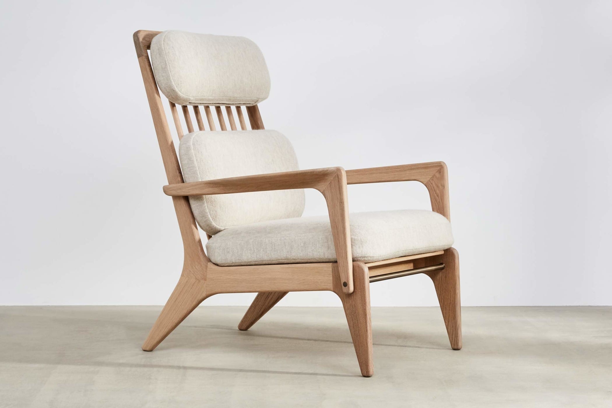 oak high-backed chair with white wool upholstery