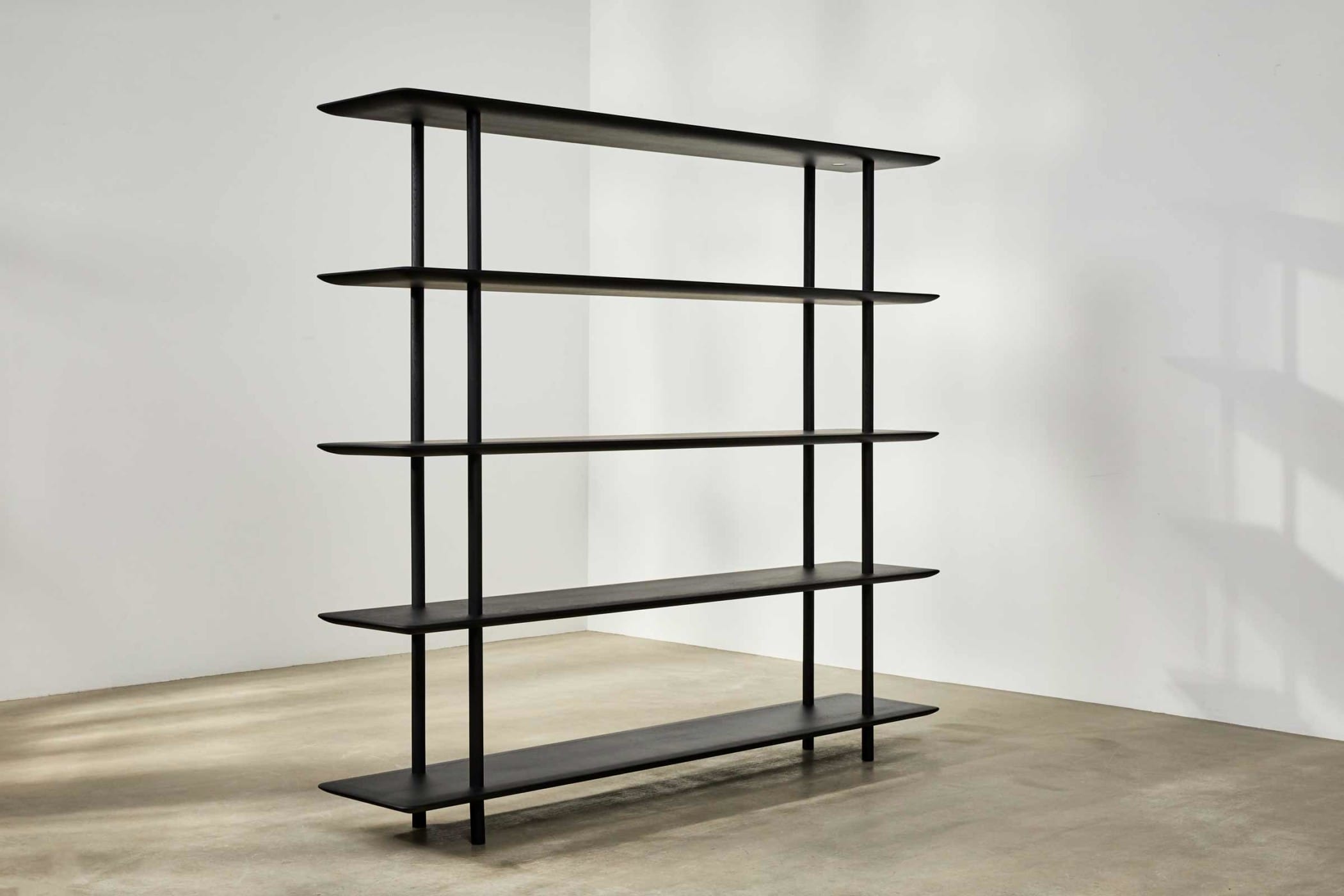 ebonised oak high shelving with five shelves