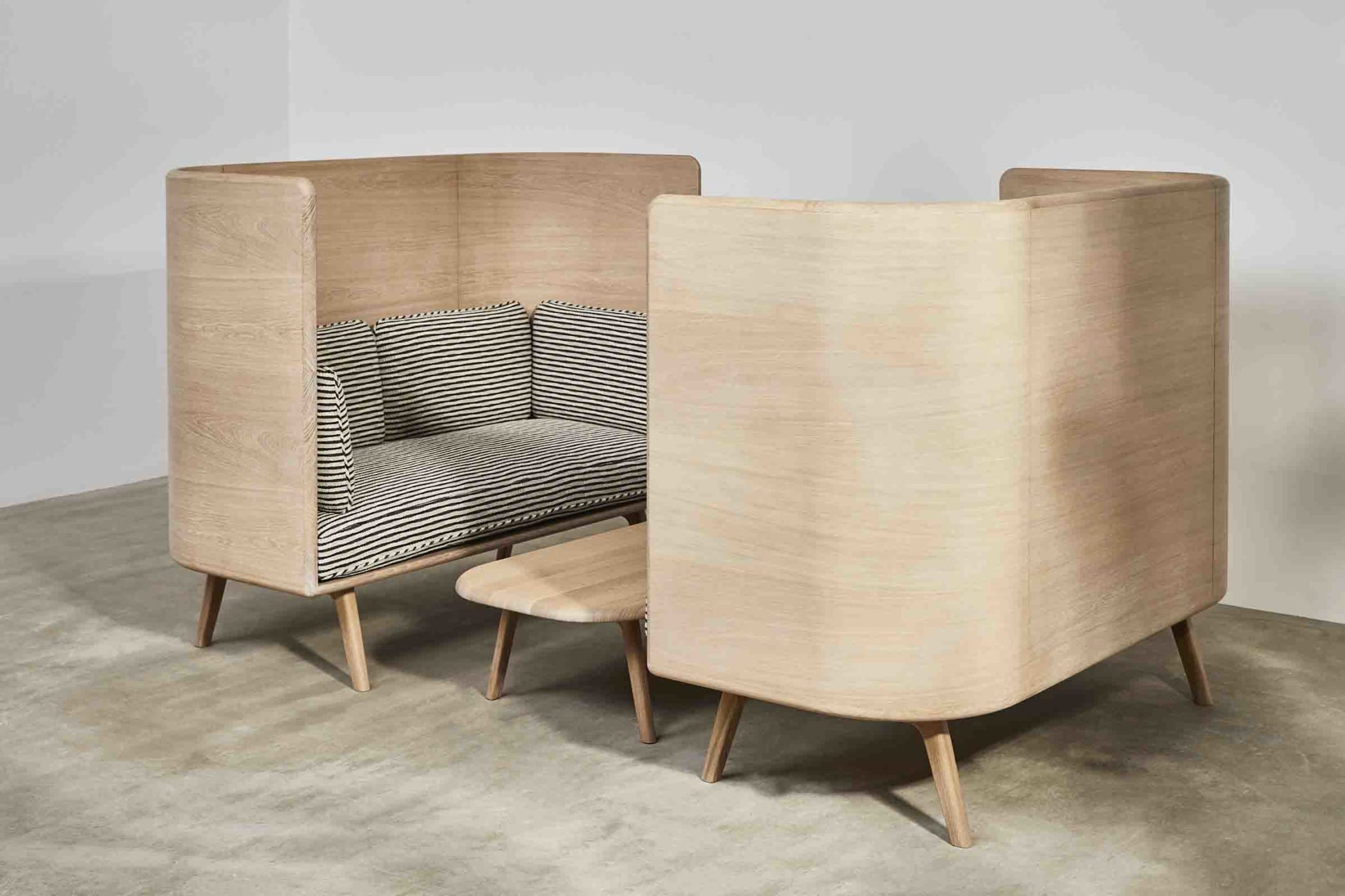 oak high sofa with striped cushions