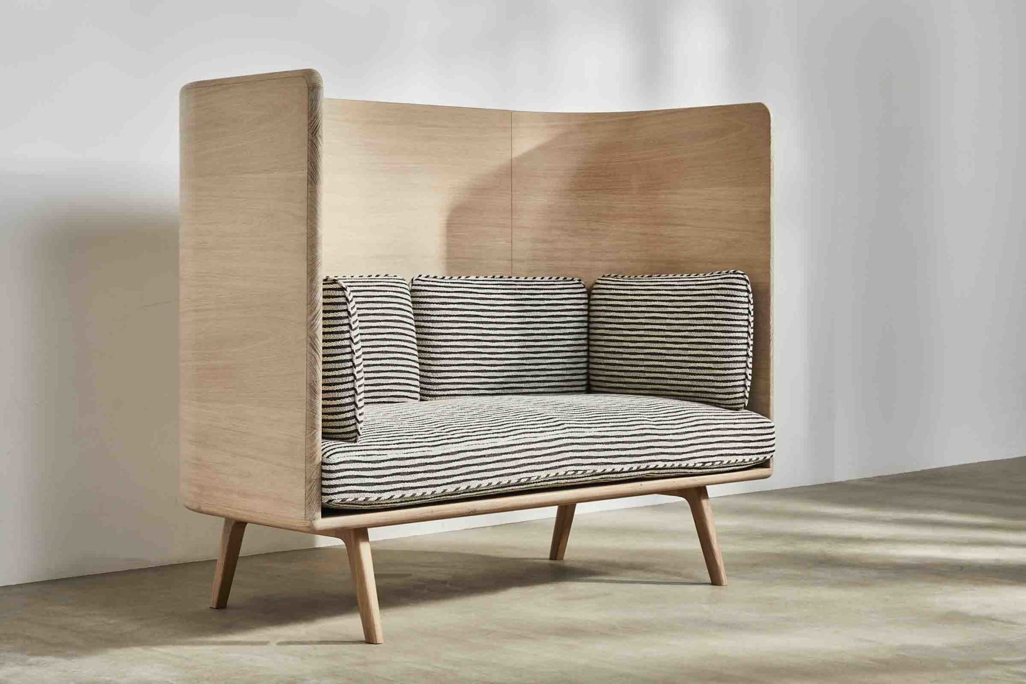 oak high sofa with striped cushions